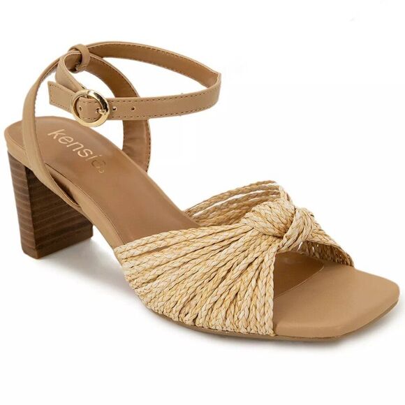 NIB Kensie Kaiko Natural Woven Straw Ankle Strap High Heel Sandals - Picture 2 of 7